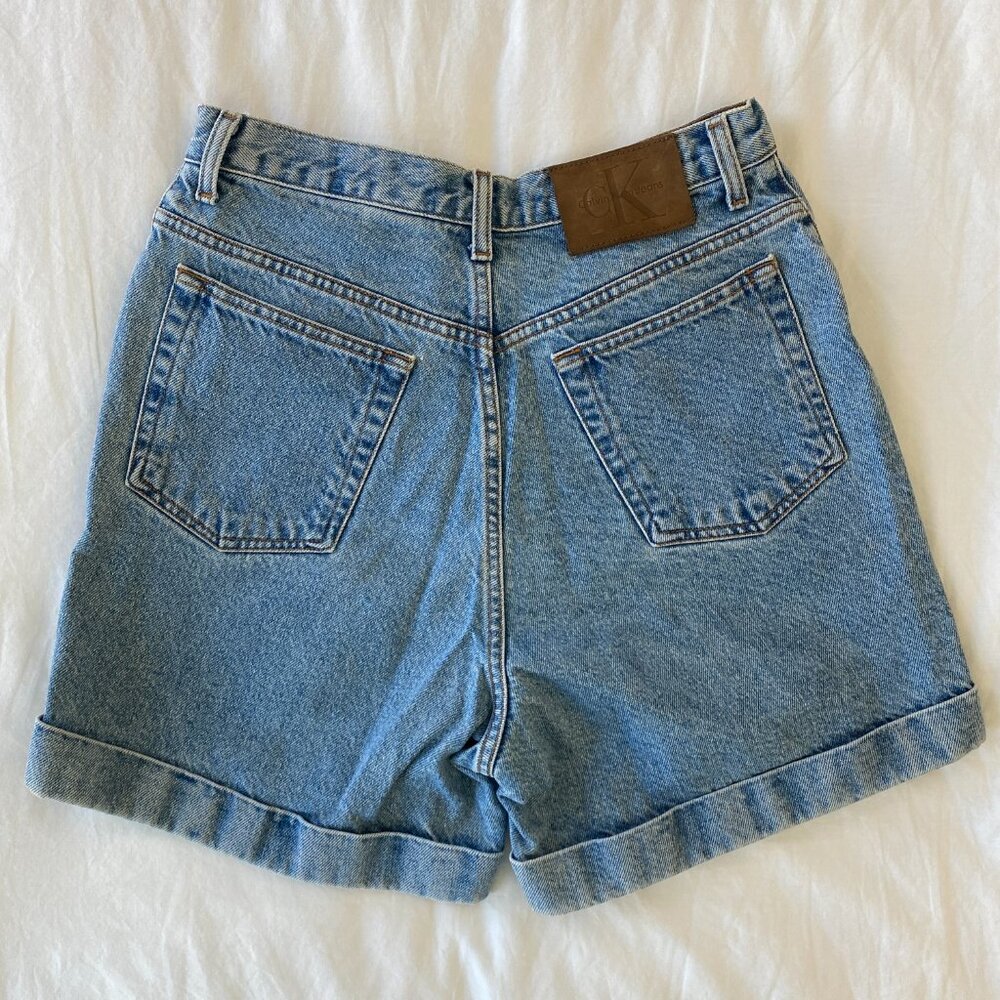 90s Calvin Klein High Rise Cotton Denim Cuff Shorts in Double Stone Wash